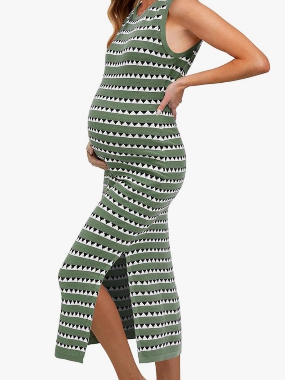 Sleeveless Green Geometric Maternity Midi Dress